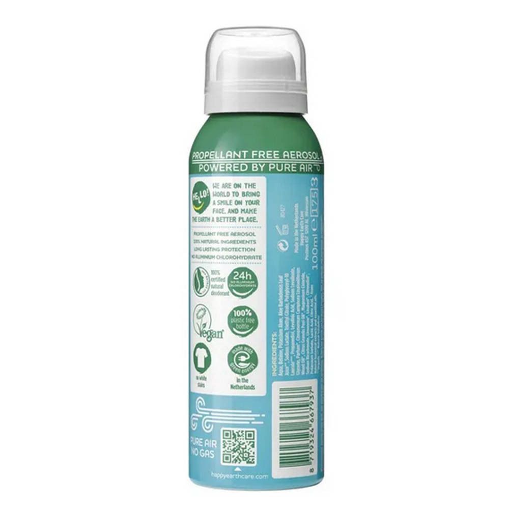 Happy Earth deodorant spray. Achterkant. Opschrift: 100ml, ingrediënten, veganistisch logo, QR-code.