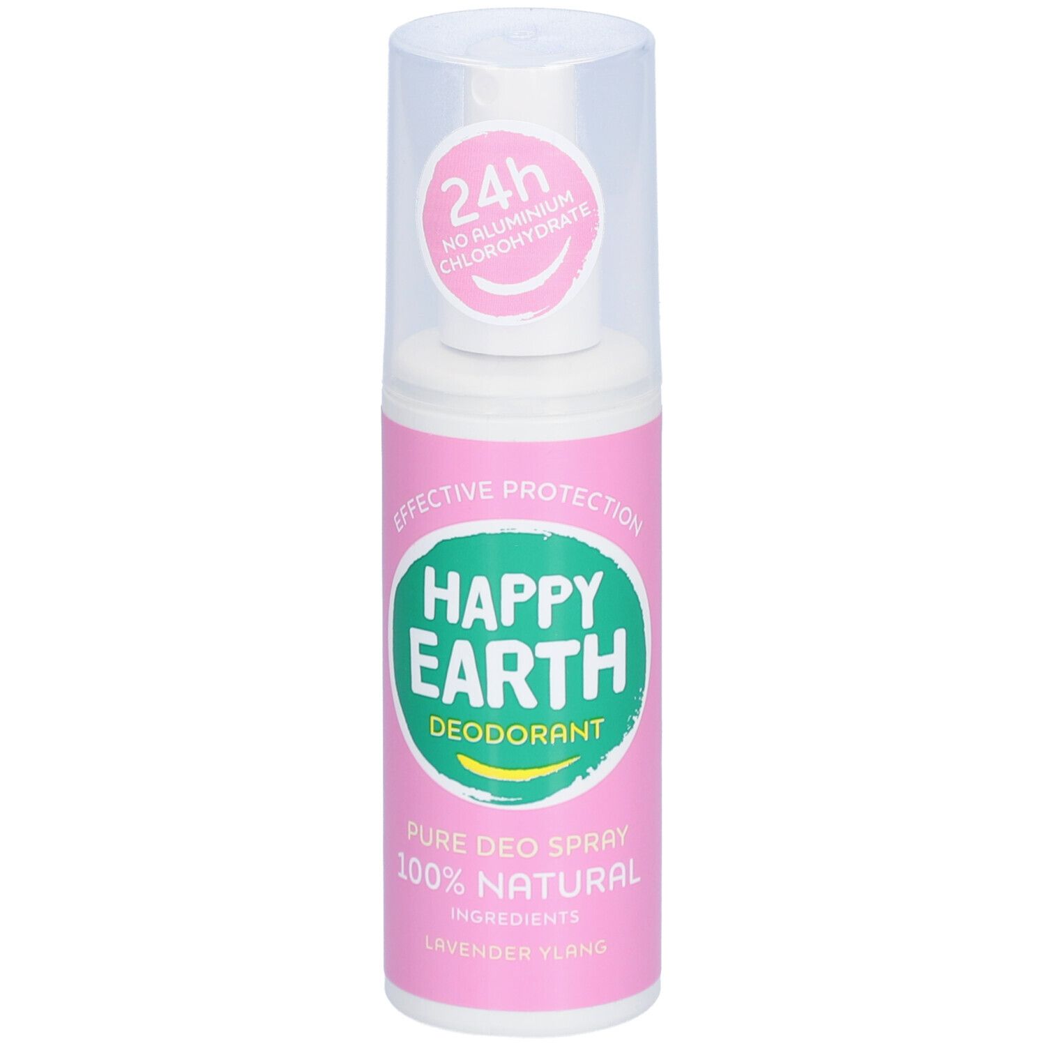 Happy Earth deodorant spray. Witte spuitkop, roze fles. Tekst: 24u, geen aluminiumchloorhydraat.