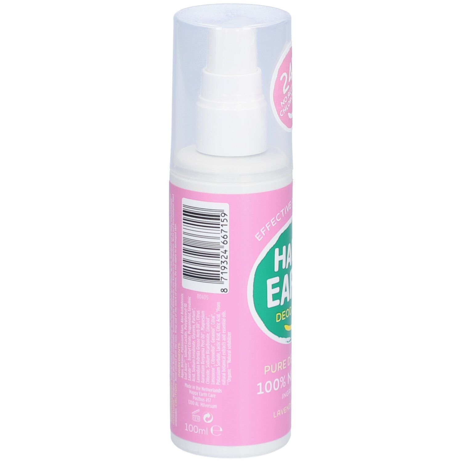 Happy Earth deodorant spray. Achterkant van de fles. Tekst en barcode.