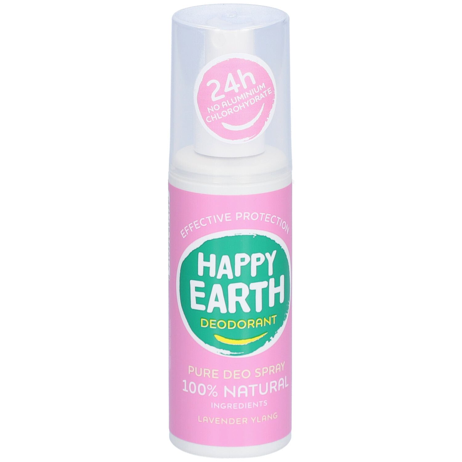 Happy Earth deodorant spray. Witte spuitkop, roze fles. Tekst: 24u, geen aluminiumchloorhydraat.