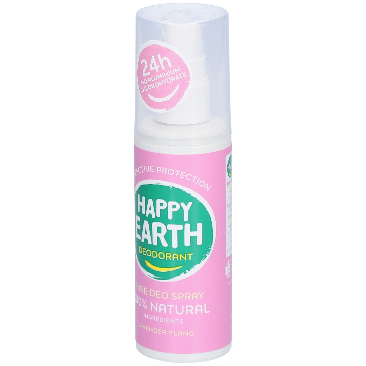 Happy Earth deodorant spray. Witte spuitkop, roze fles. Tekst: 24u, geen aluminiumchloorhydraat.