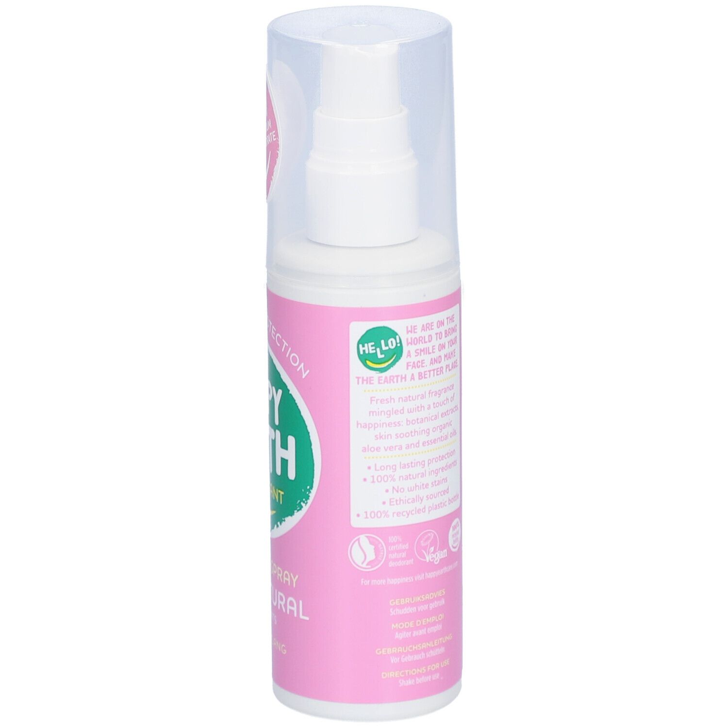 Happy Earth deodorant spray. Achterkant van de fles. Tekst en logo's.