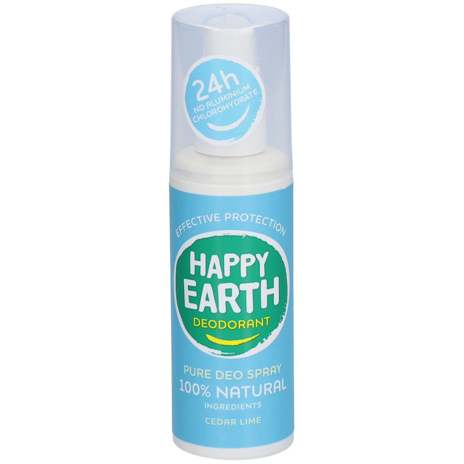 Happy Earth deodorant spray. Blauw-witte fles met sproeikop. Tekst: 24 uur, geen aluminiumchloorhydraat.
