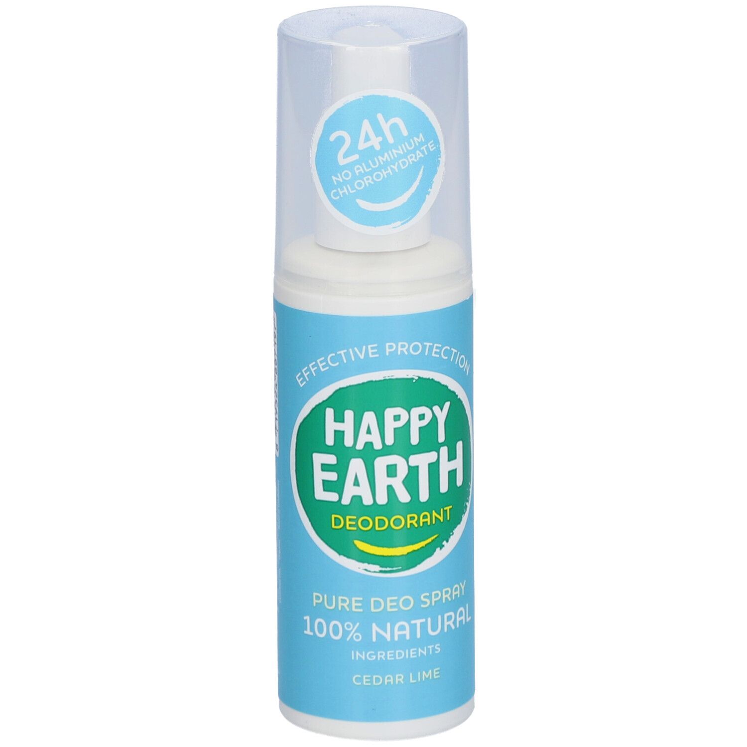 Happy Earth deodorant spray. Blauw-witte fles met sproeikop. Tekst: 24 uur, geen aluminiumchloorhydraat.