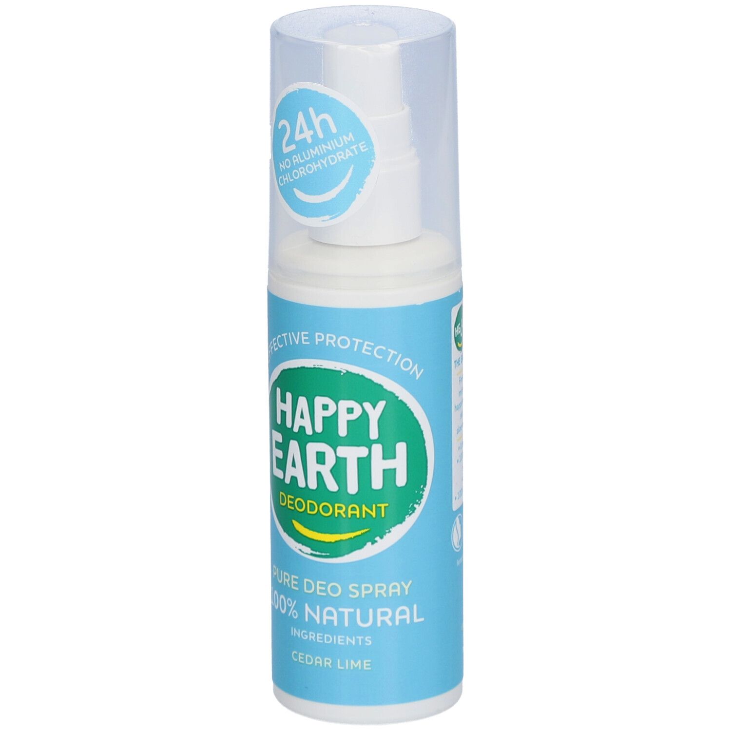 Happy Earth deodorant spray. Blauw-witte fles met sproeikop. Tekst: 24 uur, geen aluminiumchloorhydraat.
