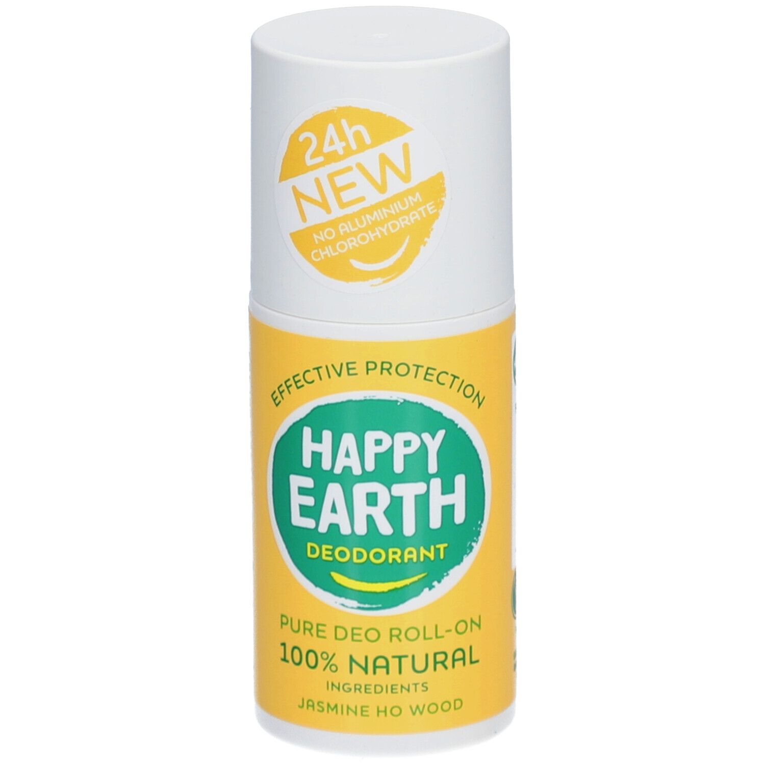 Deo roller. Witte dop, gele houder. Opschrift: Happy Earth, Deodorant, 100% natuurlijk. Jasmin & Ho-Holz.