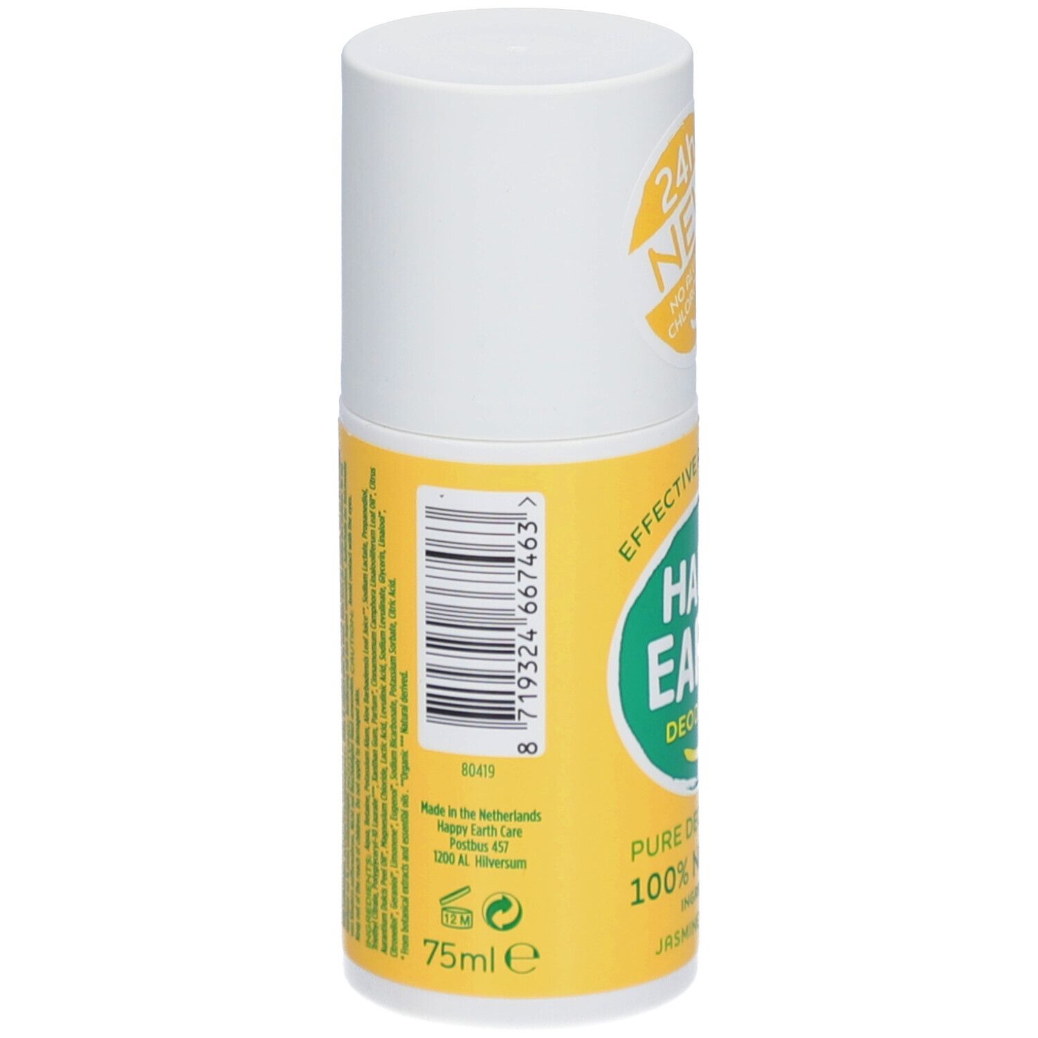 Deo roller. Achterkant. Opschrift: 75ml. Barcode. Informatie over ingrediënten en fabrikant.