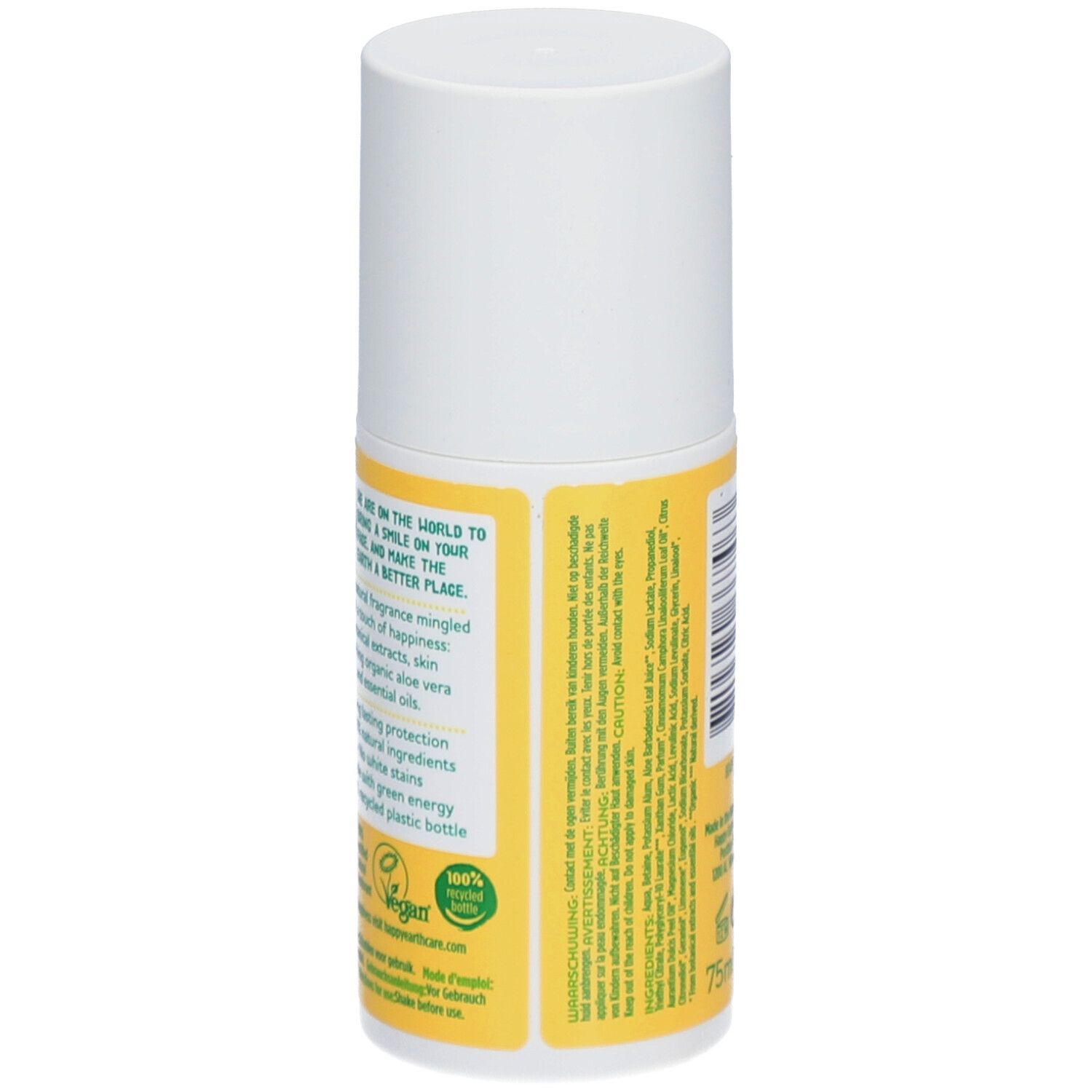 Deo roller. Achterkant. Tekst over het product. Opschrift: 75ml. Vegan logo. 100% gerecyclede fles.