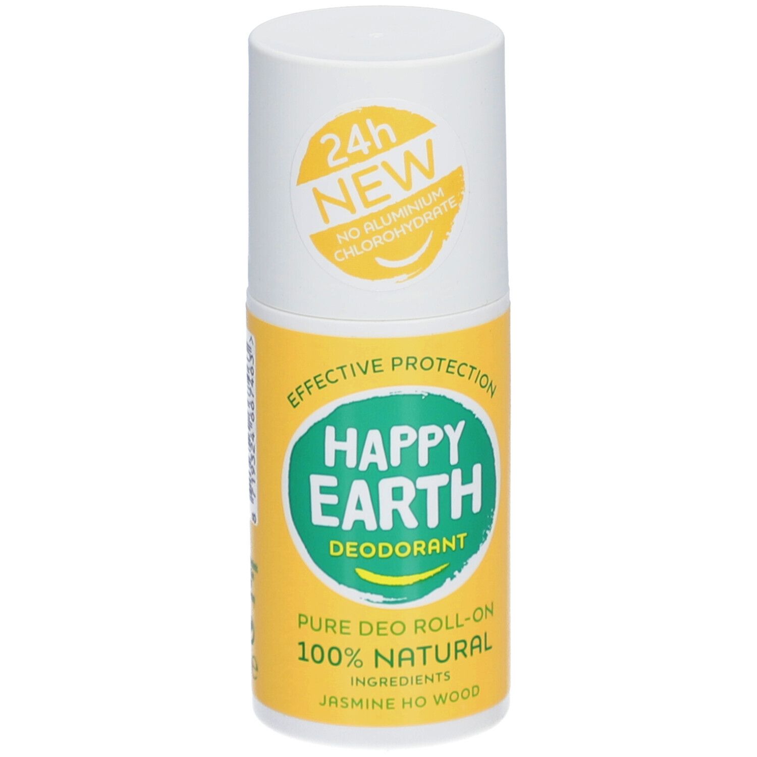 Deo roller. Witte dop, gele houder. Opschrift: Happy Earth, Deodorant, 100% natuurlijk. Jasmin & Ho-Holz.