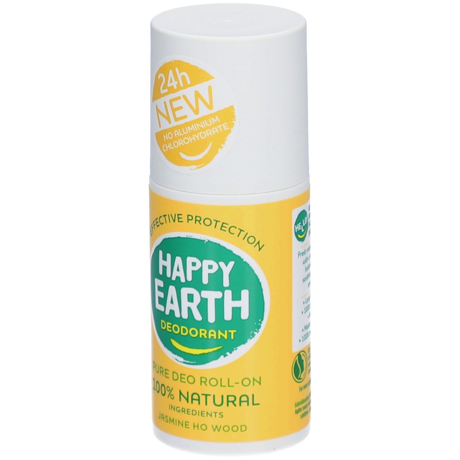 Deo roller. Witte dop, gele houder. Opschrift: Happy Earth, Deodorant, 100% natuurlijk. Jasmin & Ho-Holz.