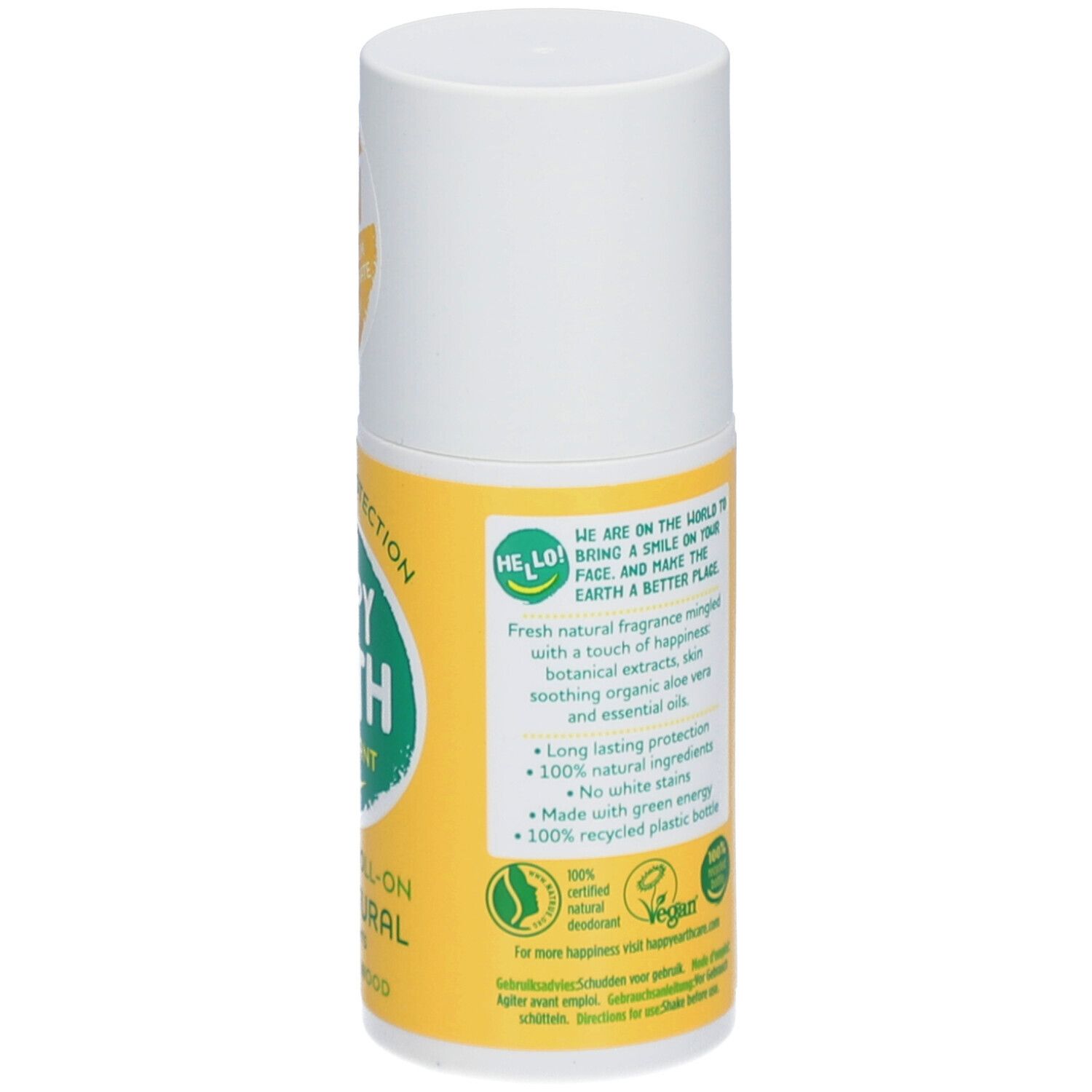 Deo roller. Achterkant. Opschrift: Happy Earth, Deodorant. Vegan logo. 100% gerecyclede fles. Tekst.