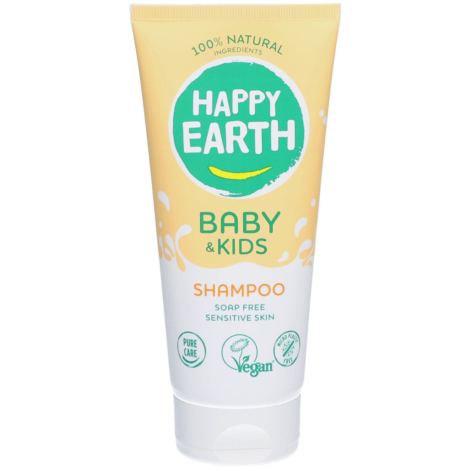 Geel-witte tube met groen logo. Tekst: Happy Earth, Baby & Kids, Shampoo. Vegan-keurmerk. 100% natuurlijke ingrediënten.