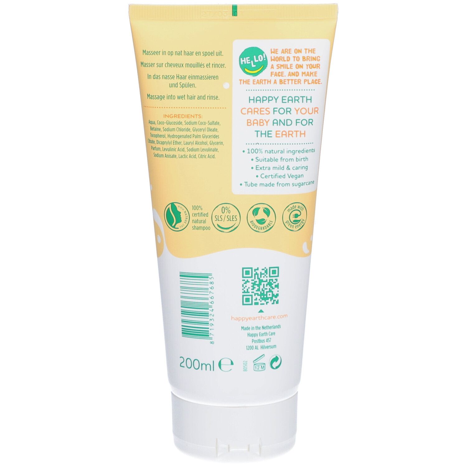 Achterkant van een tube. Tekst: Happy Earth, 100% natuurlijke ingrediënten, 0% SLS/SLES, gecertificeerd vegan. 200ml.