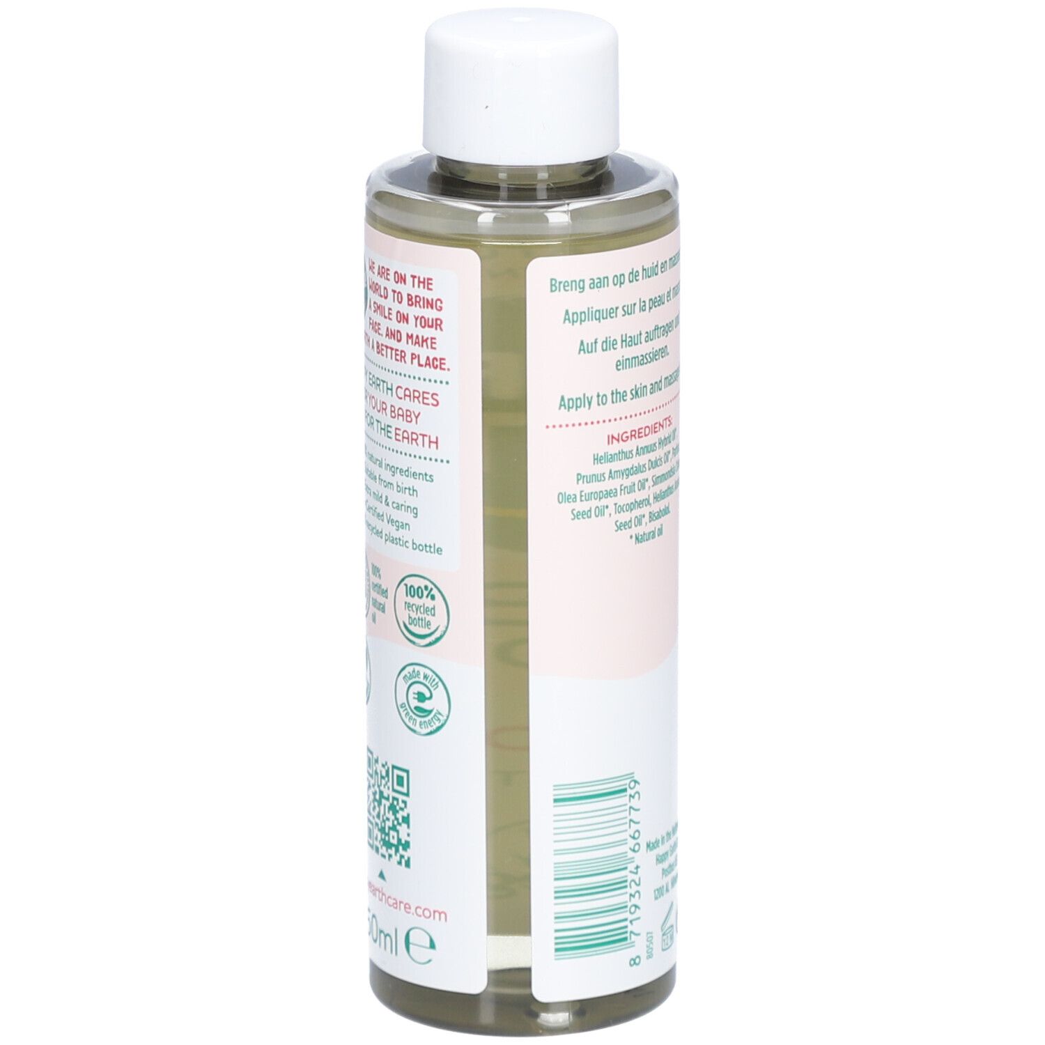 Dos de la bouteille d'huile. Texte : Happy Earth, Baby & Kids, Face & Body Oil. Ingrédients, mode d'emploi, code QR.