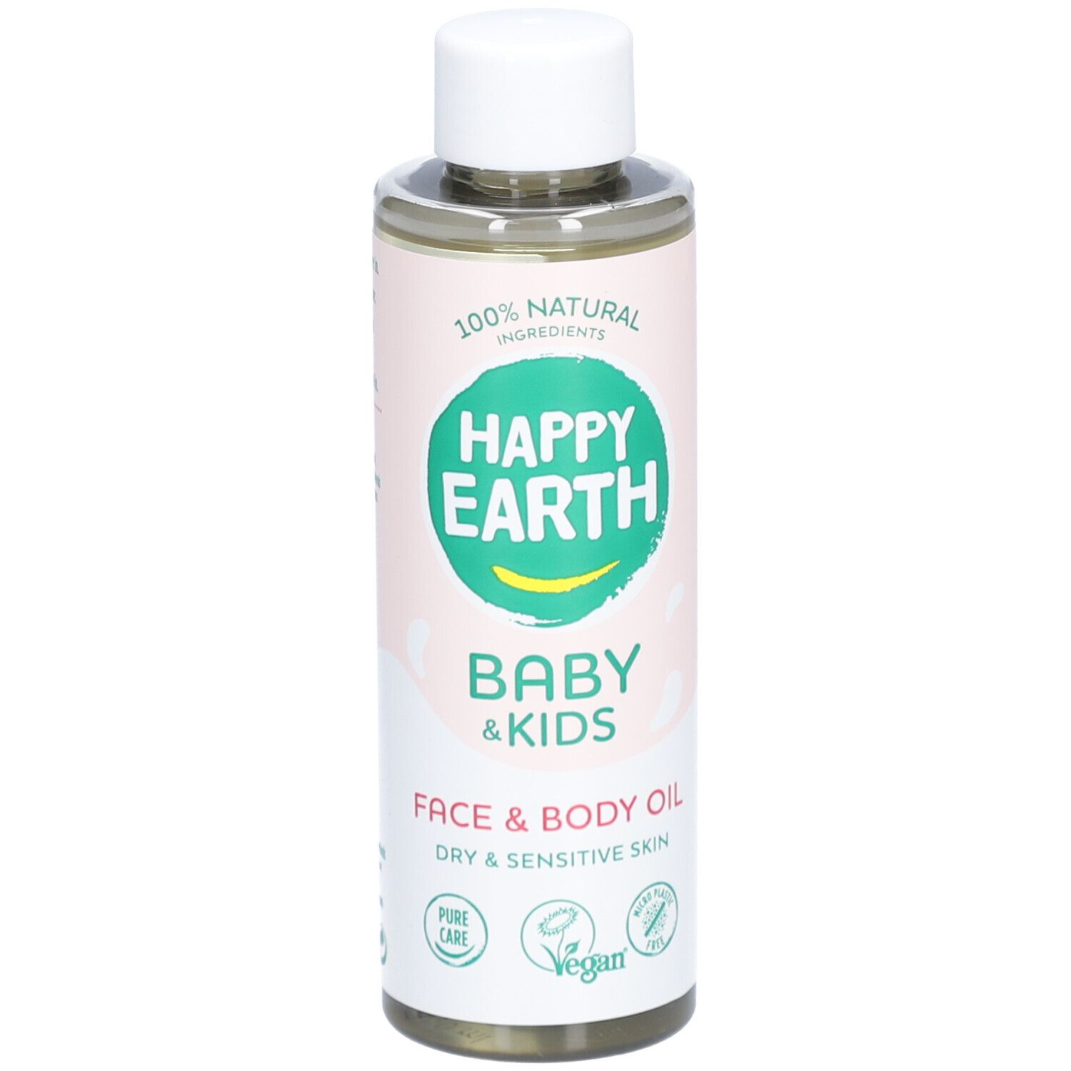 Huile visage et corps pour bébés et enfants. Bouteille à bouchon blanc. Inscription : Happy Earth, Baby & Kids, Face & Body Oil.