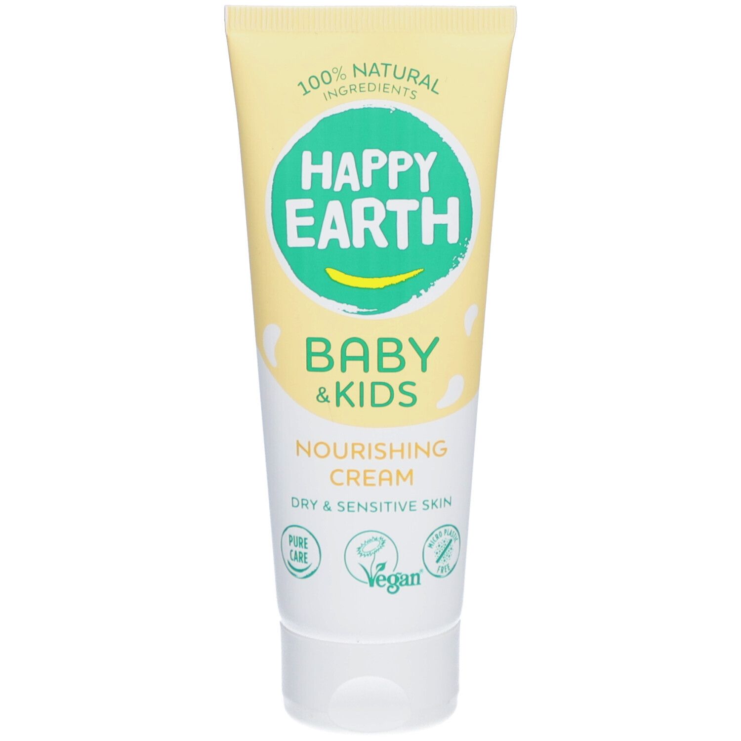Tube de crème Happy Earth Baby & Kids. Inscription: Nourishing Cream, Dry & Sensitive Skin. Vegan.