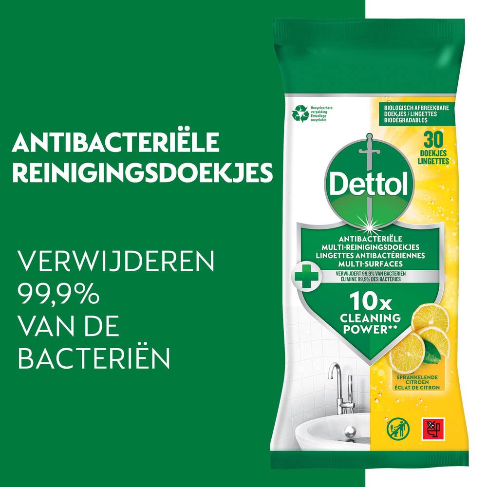 Dettol Antibacteriële reinigingsdoekjes. Verwijdert 99,9% van de bacteriën. Verpakking.