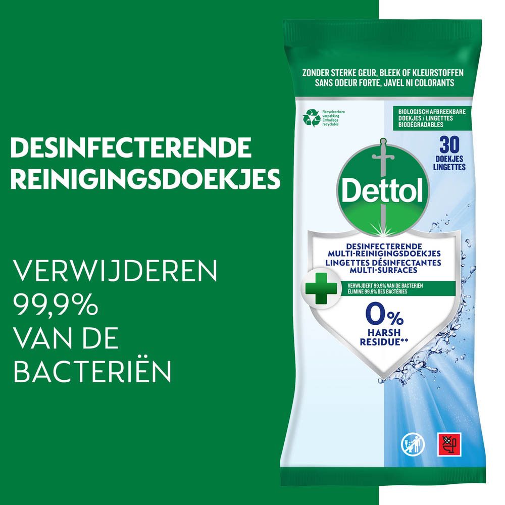 Dettol Desinfecterende reinigingsdoekjes. Verwijdert 99,9% van de bacteriën. Verpakking.