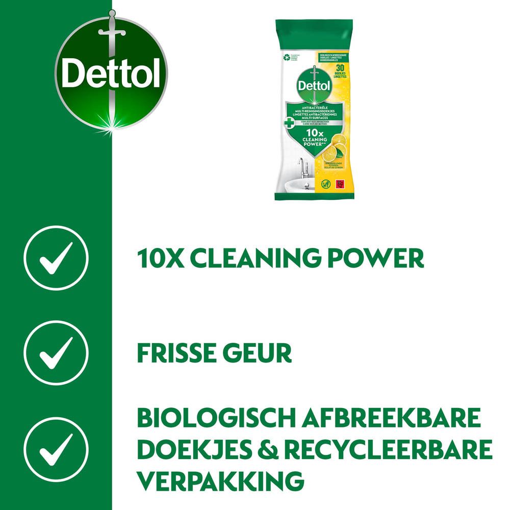 Dettol Desinfecterende reinigingsdoekjes. Verwijdert 99,9% van de bacteriën. Verpakking.