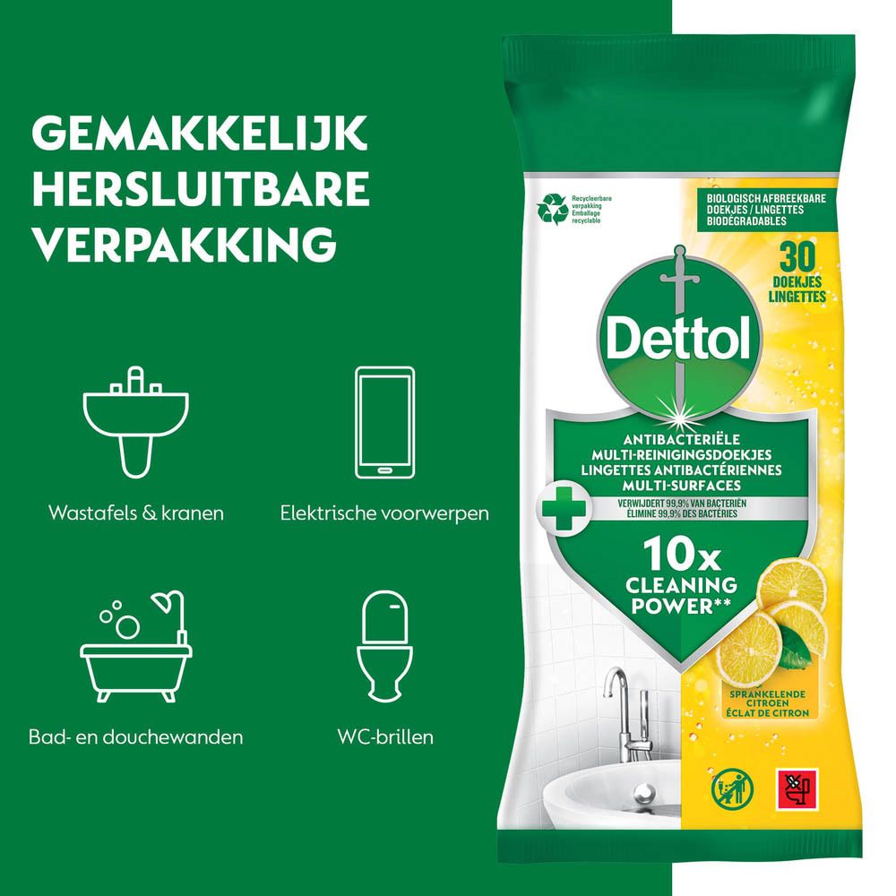 Dettol doekjes. 10x reinigingskracht. Frisse geur. Verpakking.