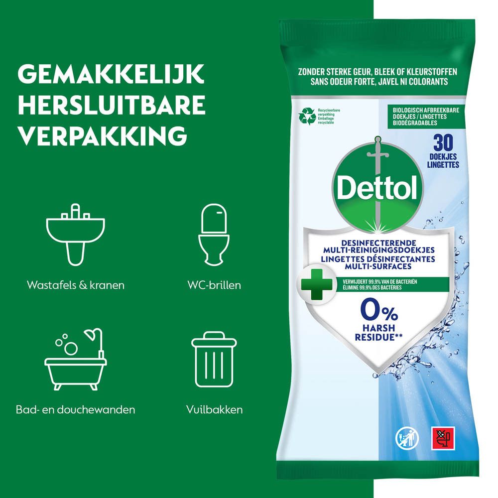Dettol doekjes. 0% agressieve resten. Zonder bleek. Verpakking.
