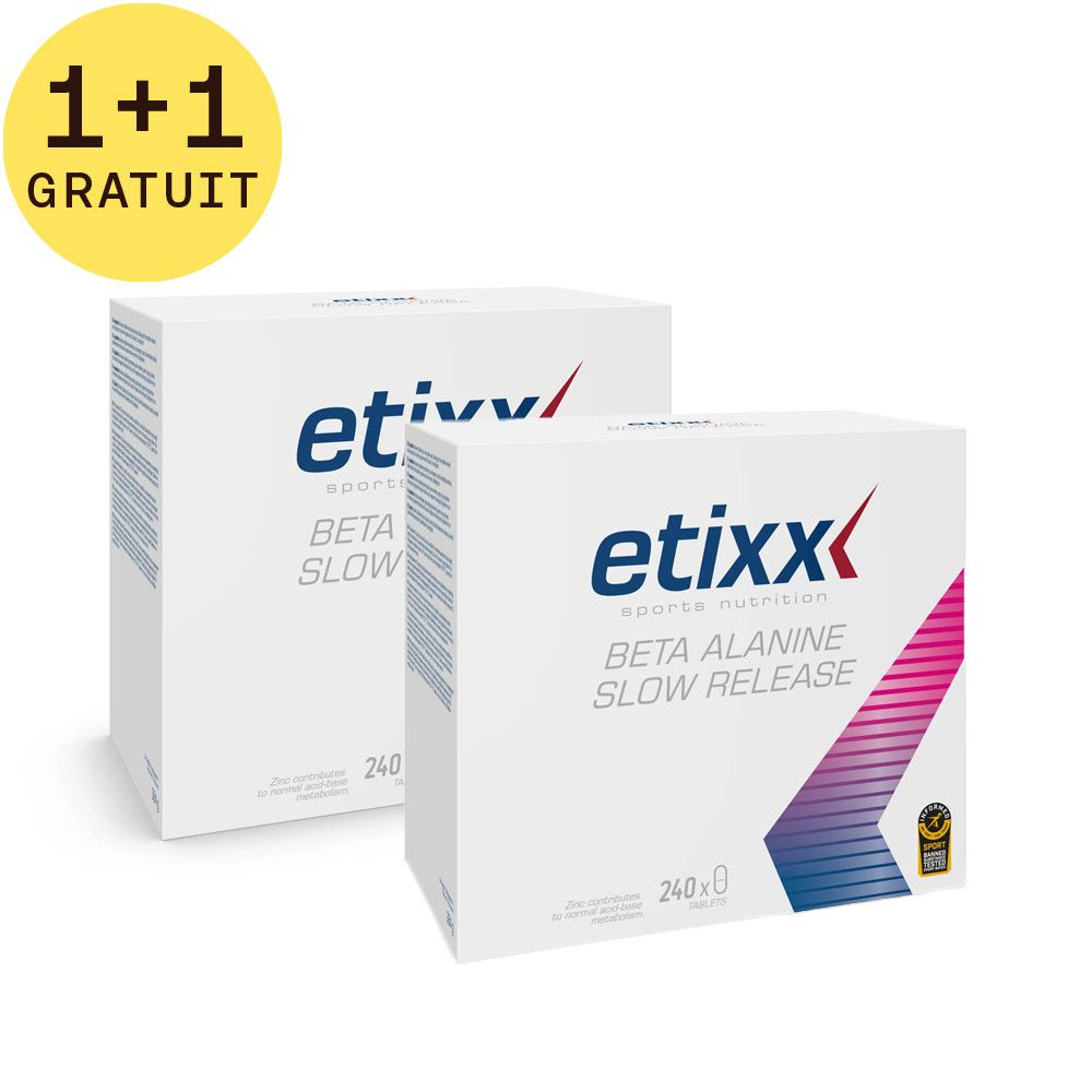 Deux boîtes blanches Etixx Beta Alanine Slow Release. Logo Etixx et texte. Autocollant 1+1 GRATUIT.