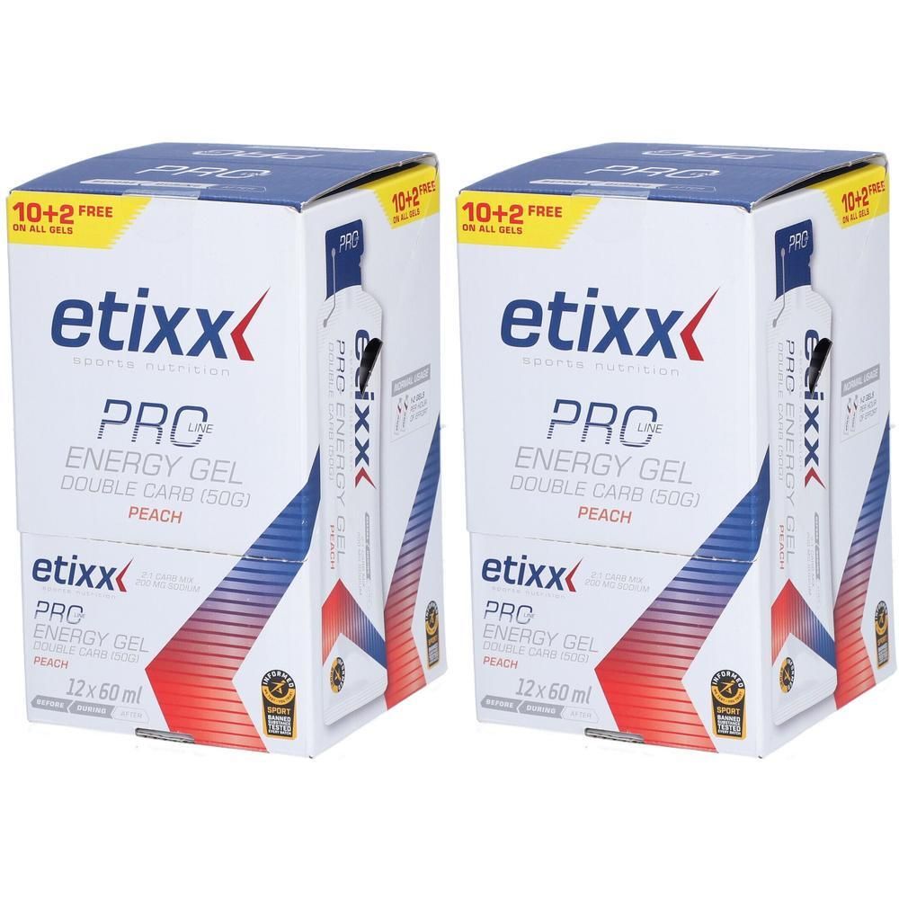 Twee dozen Etixx Pro Line Energy Gel Double Carb Pêche. Opschrift: 10+2 gratis. Blauwe, rode en witte verpakking.