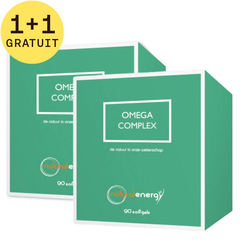 Deux boîtes vertes avec "OMEGA COMPLEX". Inscription "natural energy" et "90 softgels". Cercle jaune avec "1+1 GRATUIT".