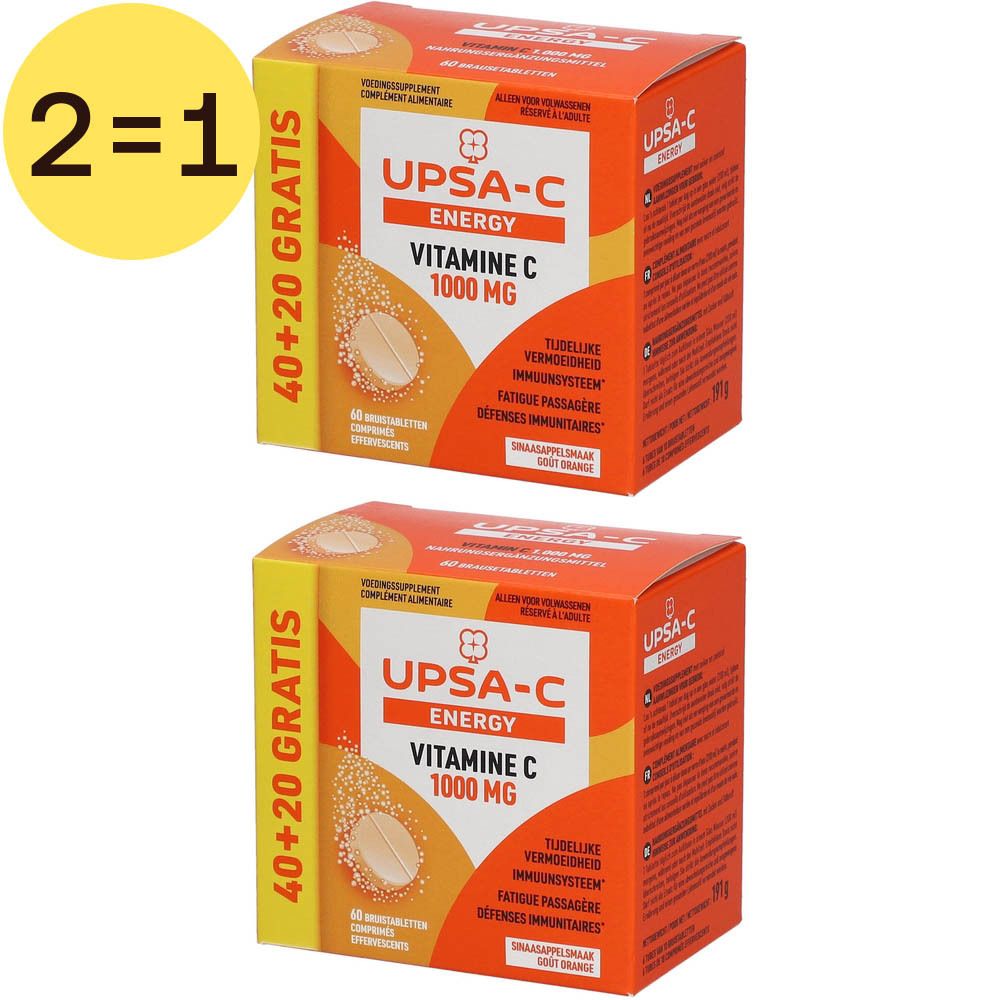 Twee dozen UPSA-C Energy Vitamine C 1000 mg. Oranje verpakking met productnaam en tekst. Geel 2=1 label.