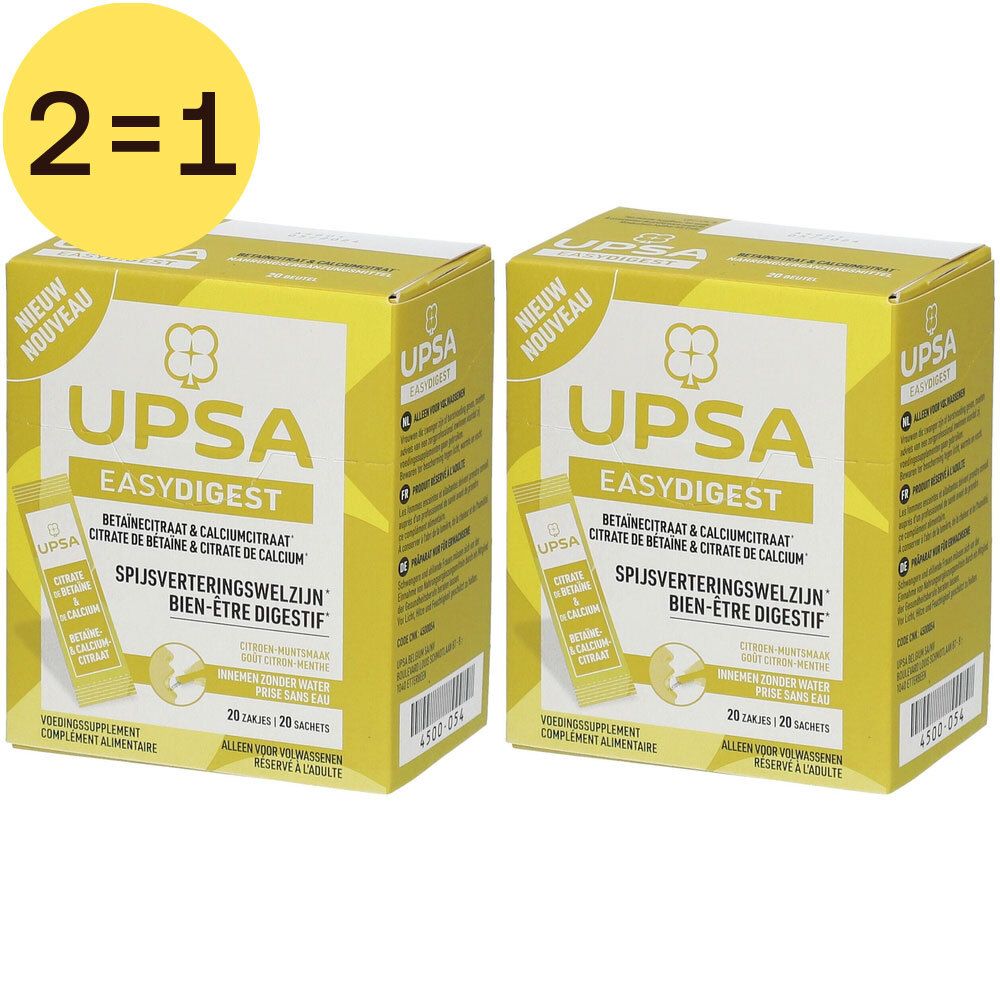 Twee dozen UPSA EasyDigest. Gele verpakking met productnaam en 2=1-aanduiding. Bevat 20 sachets.