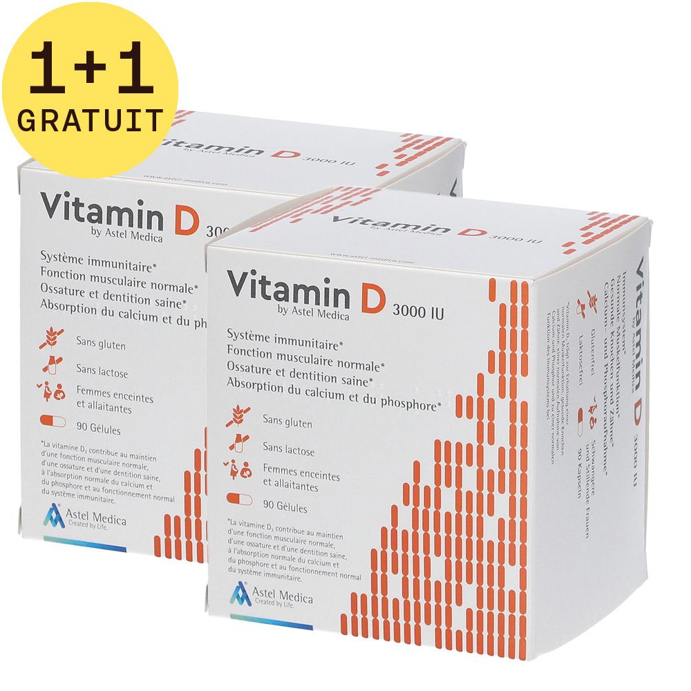 Deux boîtes de Vitamin D 3000 IU. Inscriptions: Vitamin D, 1+1 GRATUIT, Astel Medica. Emballage rouge et blanc avec texte.