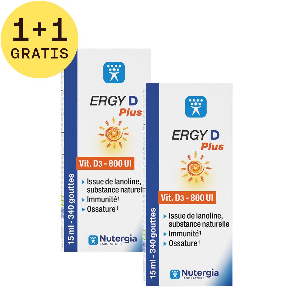 Twee Ergy D Plus dozen met '1+1 GRATIS'. Bevat vitamine D3, 15 ml.