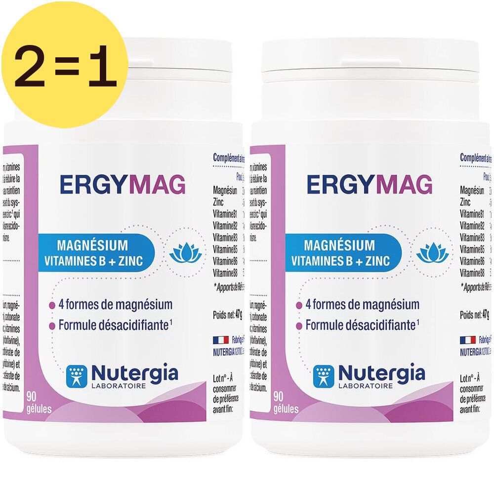 Twee flessen Ergymag met etiket. Bevat magnesium, zink en vitamine B. 90 capsules per fles. Geel 2=1 symbool.