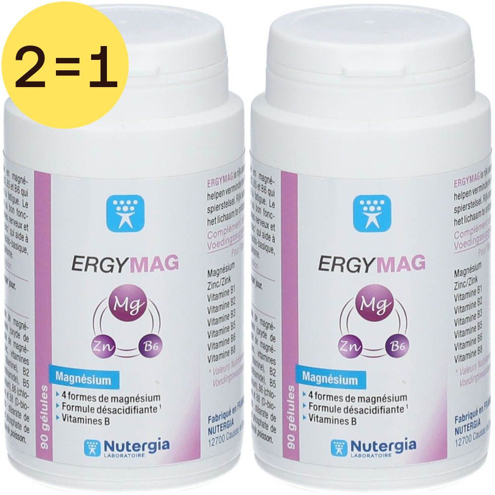 Twee flessen Ergymag met etiket. Bevat magnesium, zink en vitamine B. 90 capsules per fles. Geel 2=1 symbool.