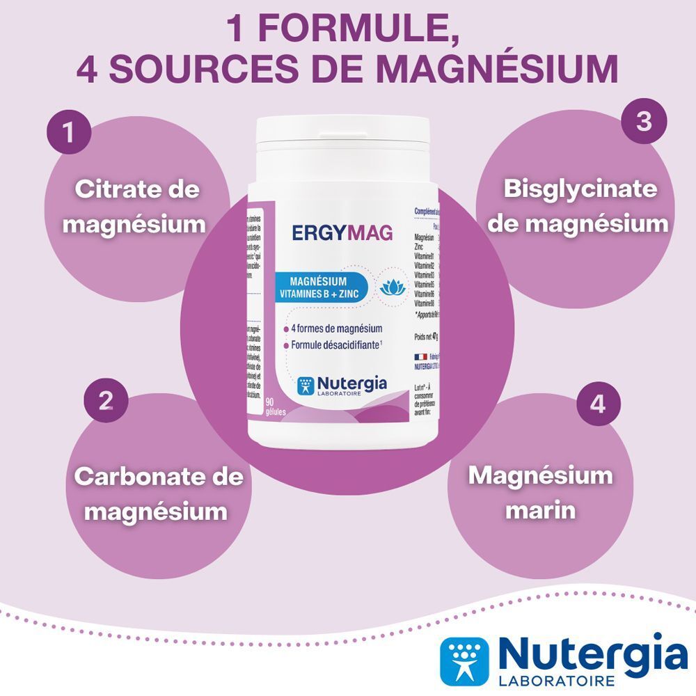 Nutergia Ergymag : 4 formes de magnésium, zinc, vitamine B. 90 gélules.