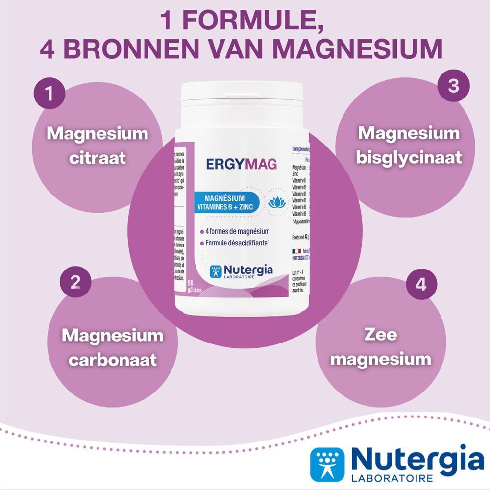 Nutergia Ergymag: 4 vormen magnesium, zink, vitamine B. 90 capsules.