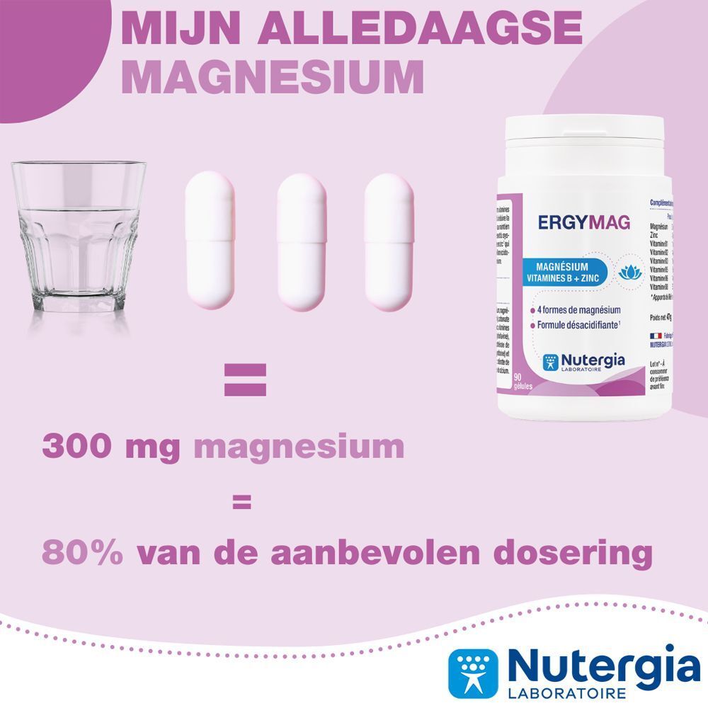 Nutergia Ergymag: 4 magnesiumbronnen: Citraat, Carbonaat, Bisglycinaat, Zee magnesium.