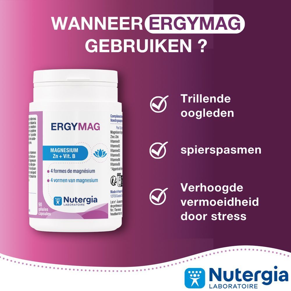Nutergia Ergymag: Glas water, 3 capsules, 300 mg magnesium, 80% van de aanbevolen dosering.