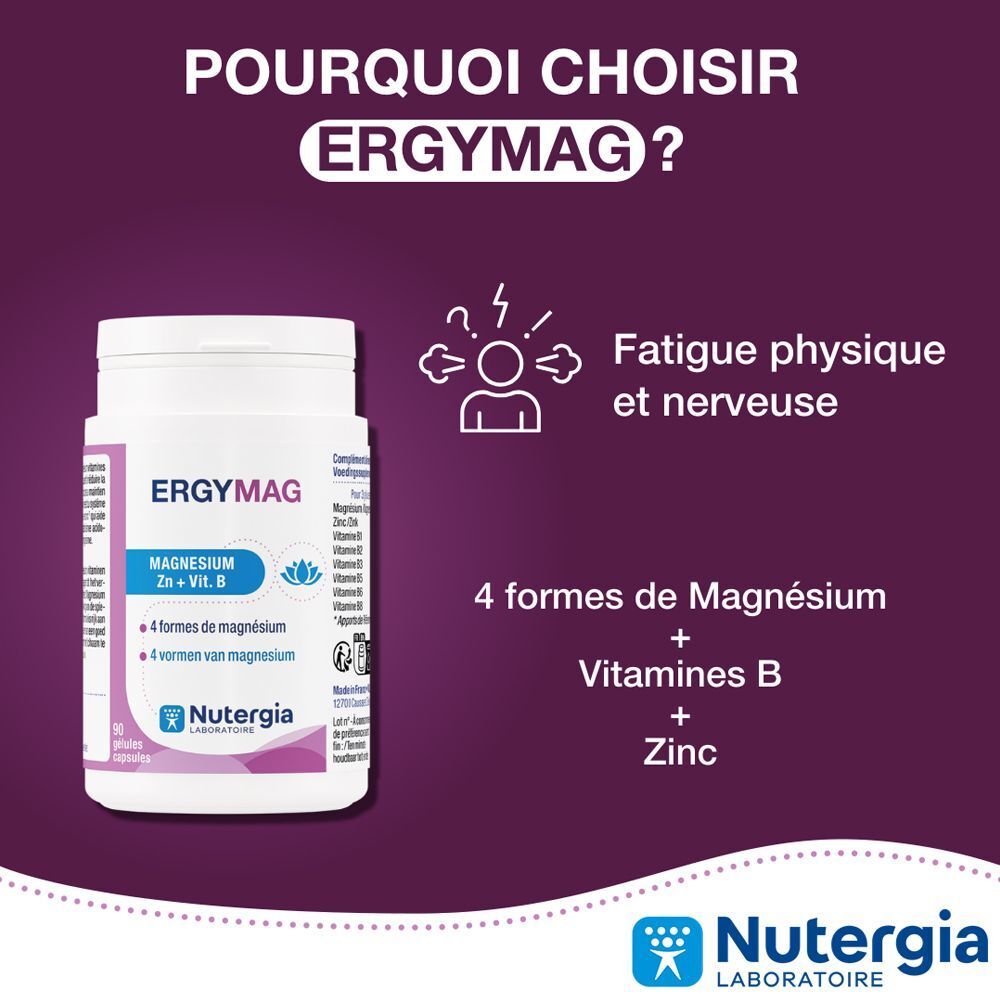 Nutergia Ergymag : Pour les tressautements, crampes musculaires, fatigue due au stress.