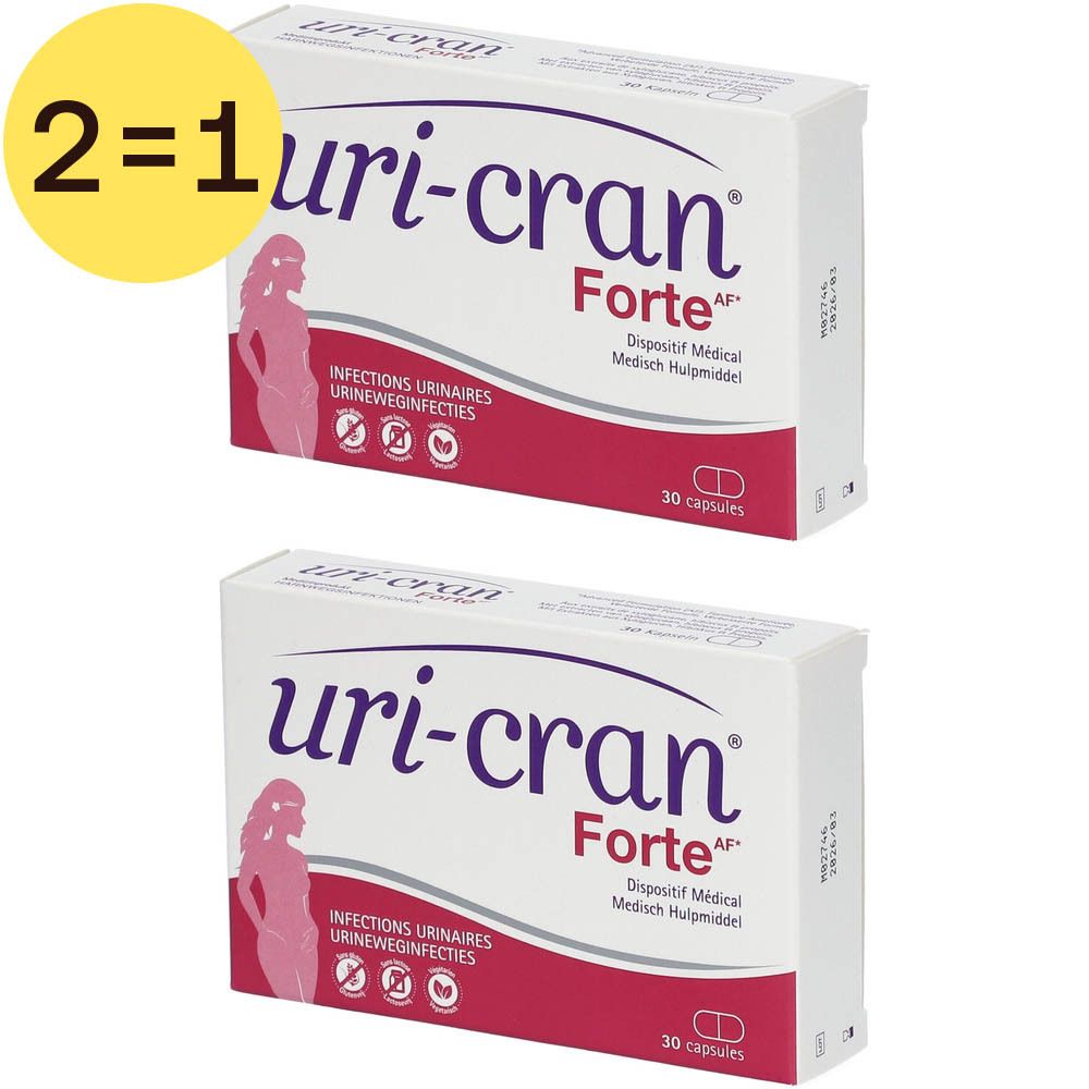 Twee dozen Uri-Cran Forte. Witte dozen met paarse tekst en een afbeelding van een vrouw. 2=1 sticker.