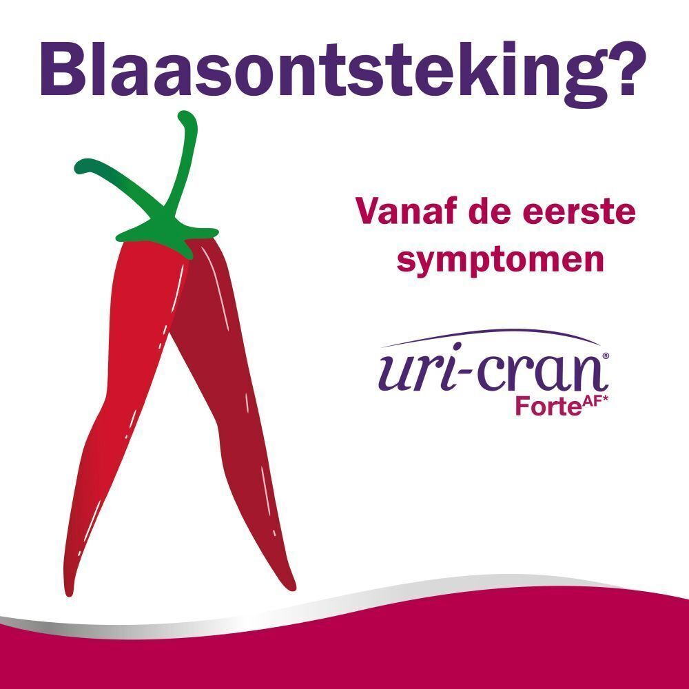 Illustratie van een chilipeper met benen. Tekst: Blaasontsteking? Vanaf de eerste symptomen. Uri-Cran Forte logo.