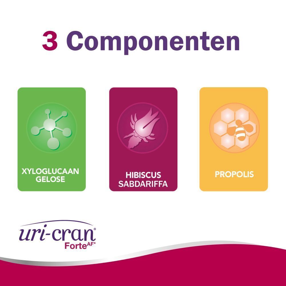 Drie gekleurde tegels met ingrediënten: Xyloglucane, Hibiscus, Propolis. Uri-Cran Forte logo.