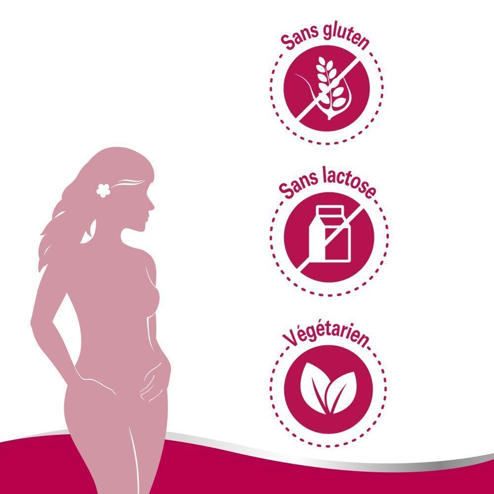 Silhouette d'une femme. Symboles : Sans gluten, Sans lactose, Végétarien.