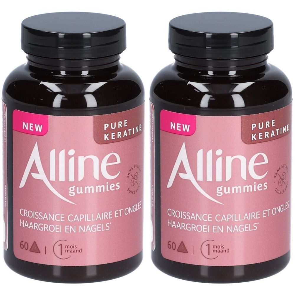 Twee flessen Alline Gummies. Roze etiket met witte tekst. Zwarte dop. Opschrift: Pure Keratin, haargroei.