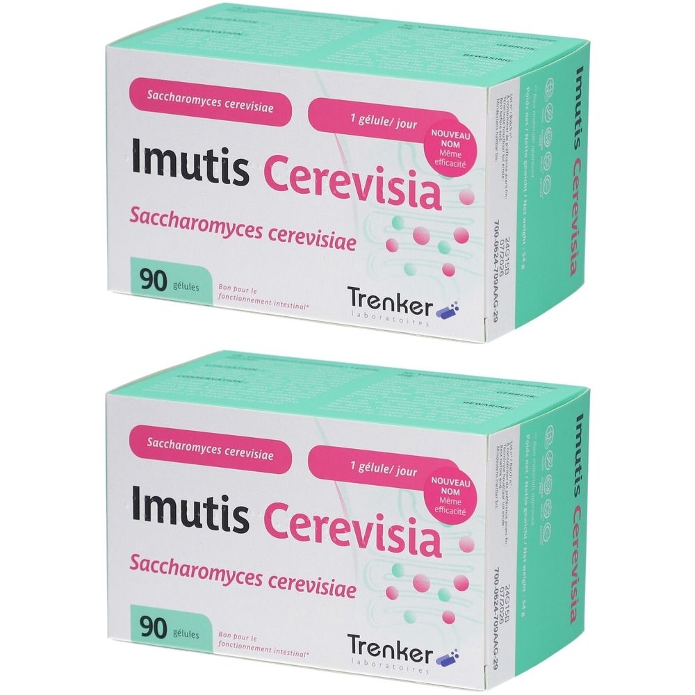 Twee dozen Imutis Cerevisia. Opschrift: Saccharomyces cerevisiae, 90 capsules, 1 capsule per dag. Merk Trenker.