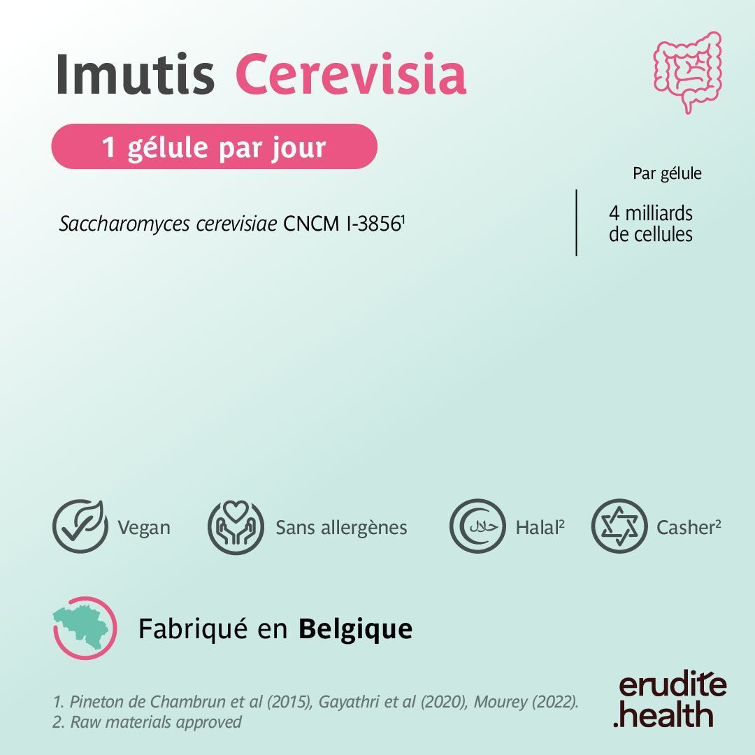 Imutis Cerevisia: 1 gélule par jour. Saccharomyces cerevisiae. Vegan, Halal, Casher.
