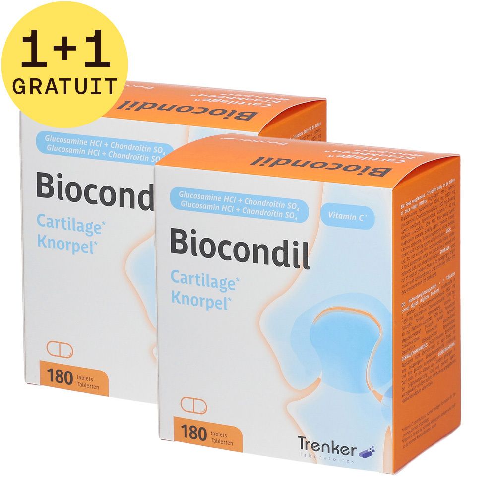 Deux boîtes de Biocondil avec l'inscription '1+1 GRATUIT'. Contient 180 comprimés. Marque: Trenker. Design orange et blanc.