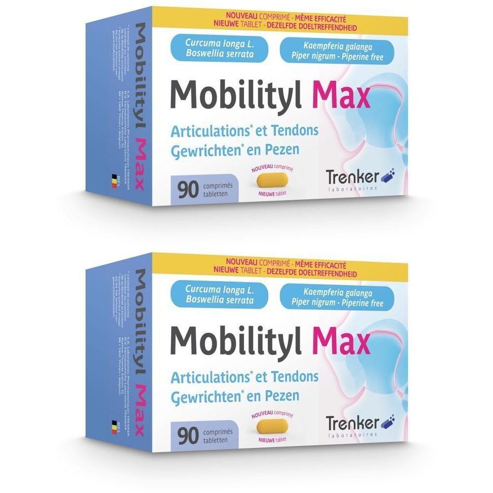 Twee dozen Mobilityl Max. Blauw en witte verpakking met productnaam en ingrediënten. 90 tabletten.