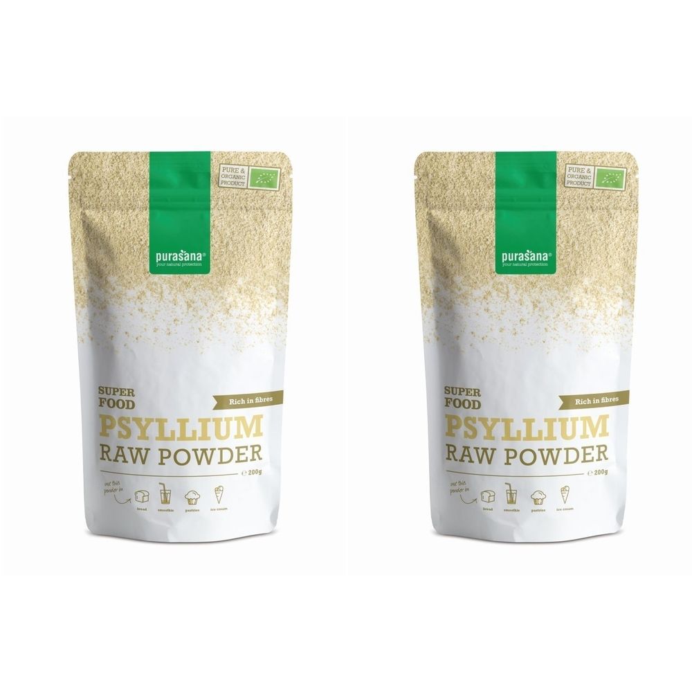 Twee zakjes psylliumpoeder. Opschrift: purasana, Psyllium Raw Powder. Groen-witte verpakking met bio-label.