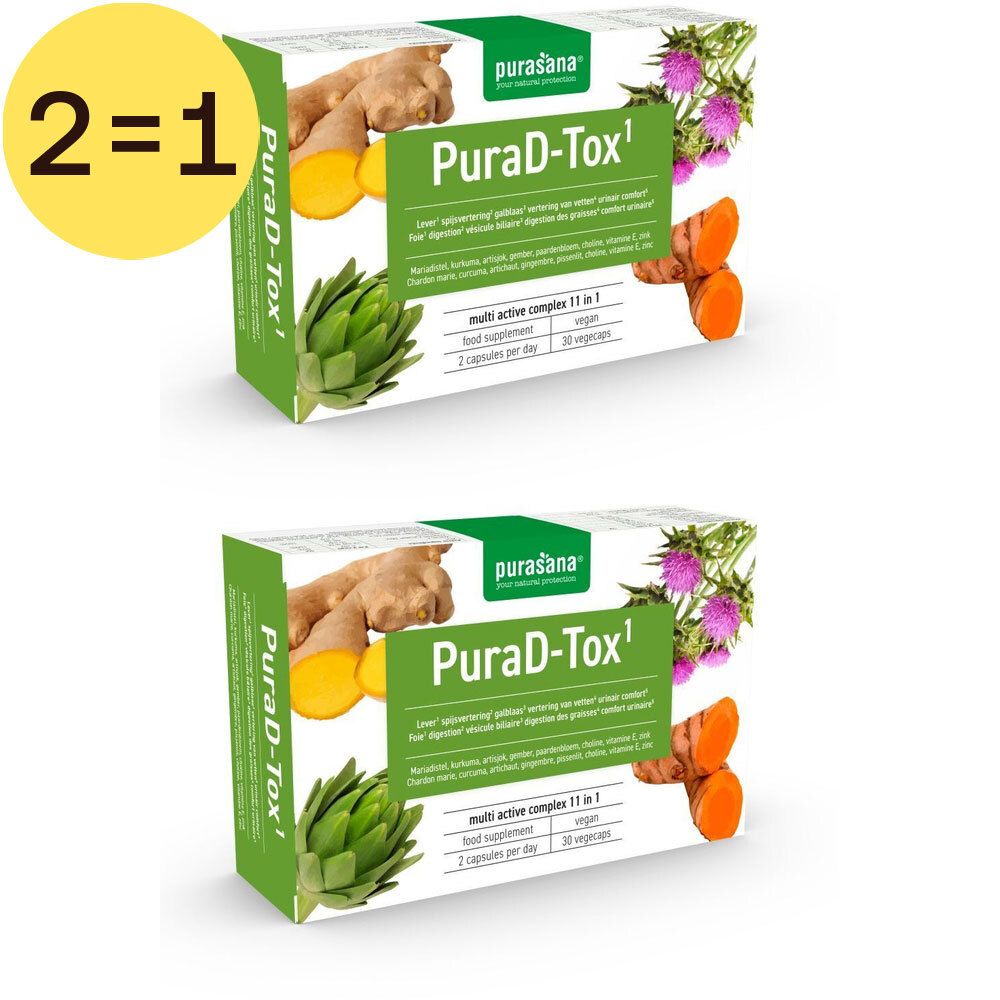 Twee dozen Purasana PuraD-Tox. Opschrift: Multi Active Complex 11 in 1. Vegan. 2 capsules per dag. 30 capsules.